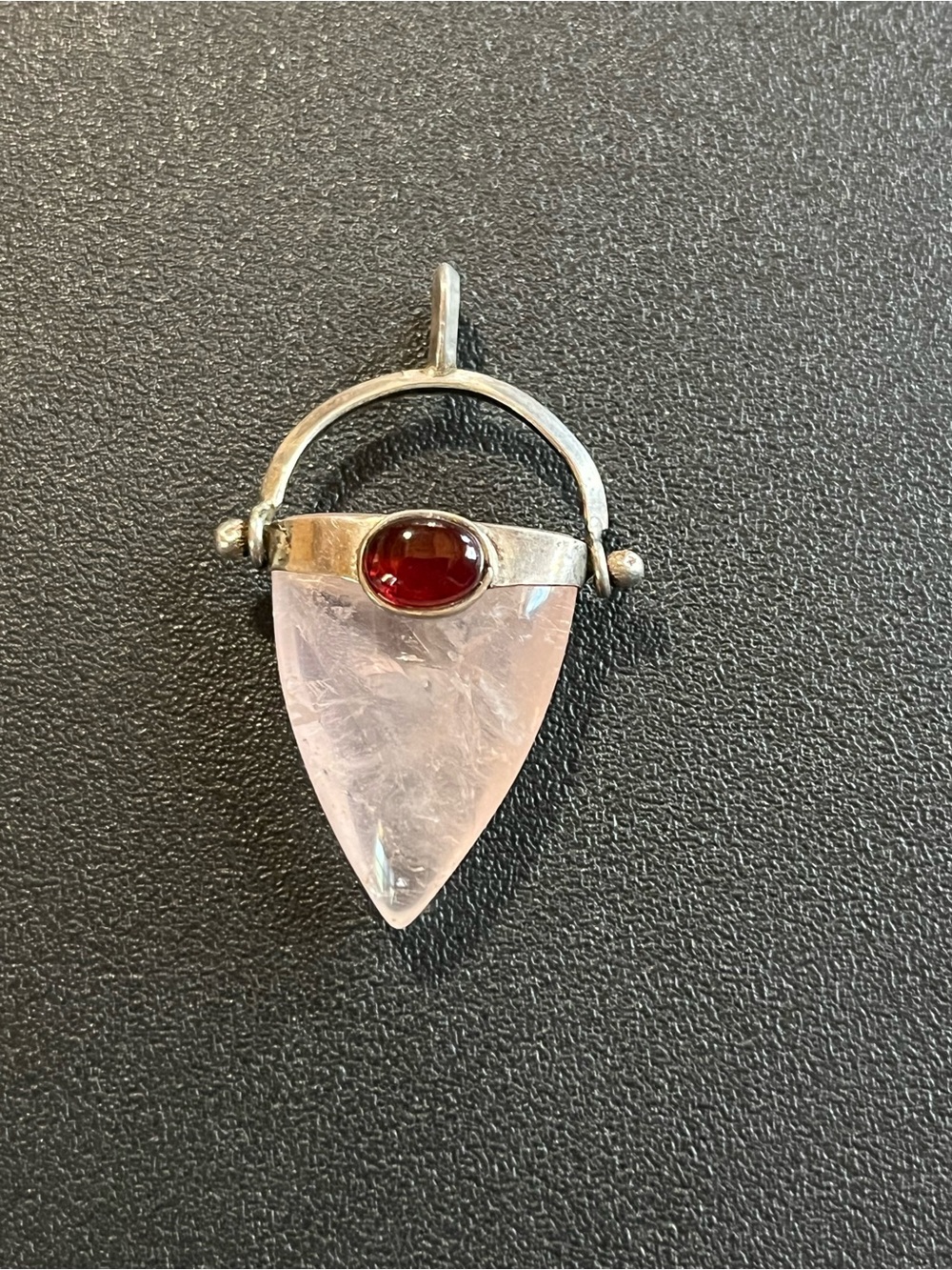 Rose Quartz and Red accent stone sterling silver pendant. Artisan. Unique Design